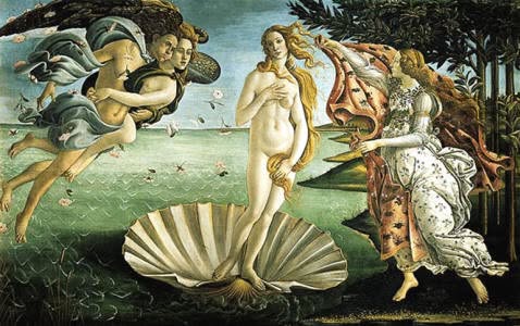A painted scene shows a nude woman standing on a shell, surrounded by figures, sea, trees and flowing fabric in a wide composition.