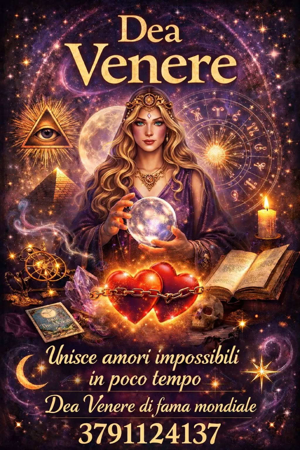 Promotional illustration of a woman holding a glowing crystal ball amid celestial symbols, candles, books and ornate cosmic imagery.