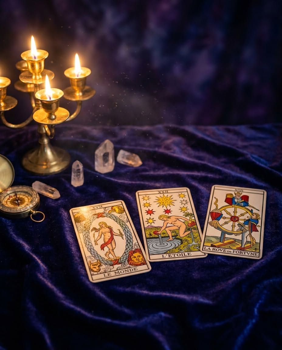 Several tarot cards, crystals, and a brass candelabrum arranged on dark purple fabric in low, warm candlelight.