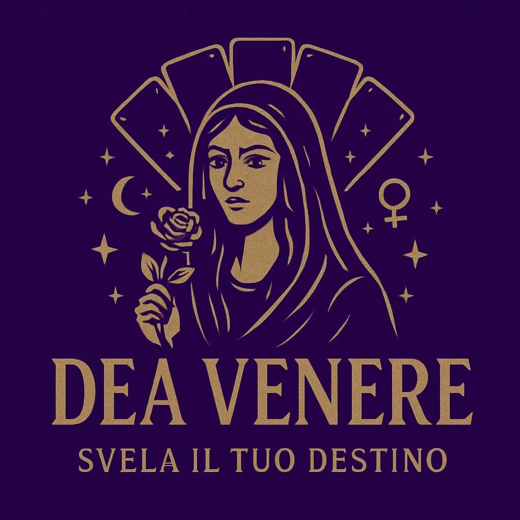 Stylized illustration of a veiled woman holding a rose, backed by tarot cards, stars, a crescent moon and symbolic figures on a purple background.