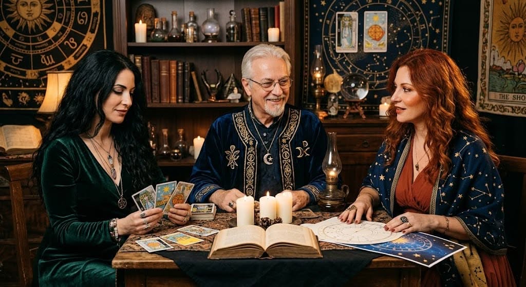 Photograph of three people seated around a table with tarot cards, candles and an open book in a warmly lit interior.