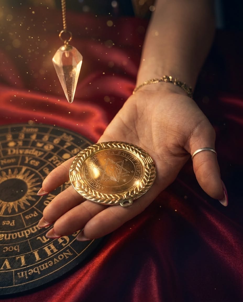 Close-up of a hand holding a gold medallion beneath a suspended pendulum over dark red fabric, with warm directional lighting.